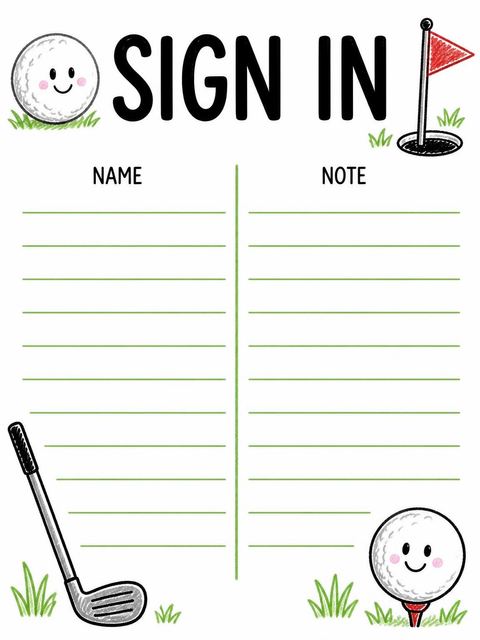 Guest sign-in sheet in the Crayon Style Golf 1st Birthday design