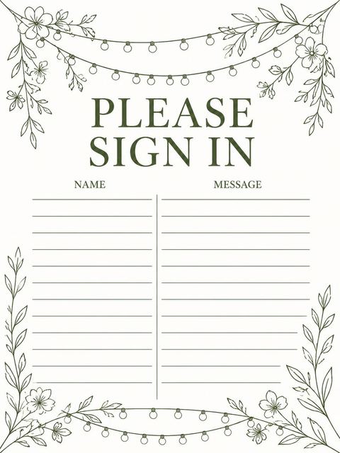Guest sign-in sheet in the Green Line Art Botanical 30th Birthday design