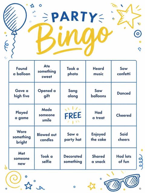 Bingo grid in the Navy and Mustard Doodle 16th Birthday design