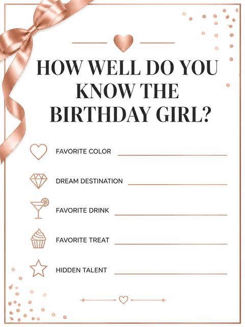 Couples trivia card in the Rose Gold Ribbon 18th Birthday design