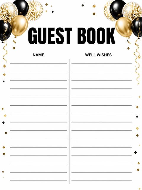 Guest sign-in sheet in the Gold Black Balloon 80th Birthday design