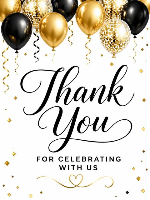 Thank-you flat in the Gold Black Balloon 80th Birthday design