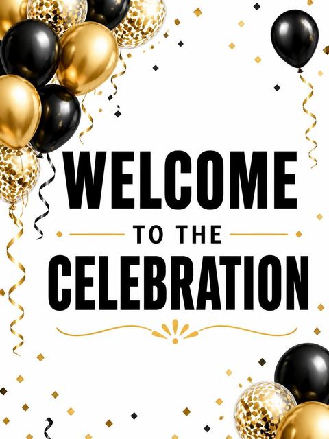Welcome sign in the Gold Black Balloon 80th Birthday design