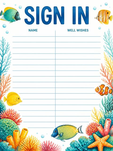 Guest sign-in sheet in the Watercolor Tropical Fish 2nd Birthday design