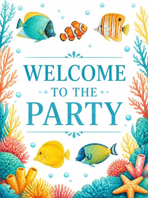 Welcome sign in the Watercolor Tropical Fish 2nd Birthday design