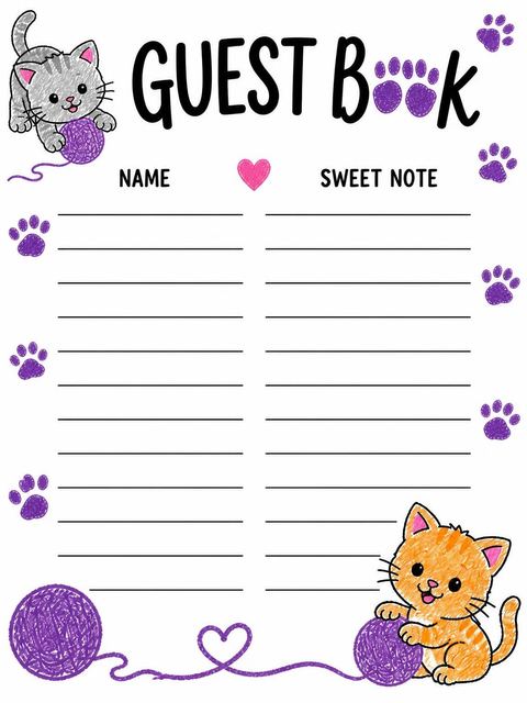 Guest sign-in sheet in the Sketch Kitten Pink Numeral 1st Birthday design