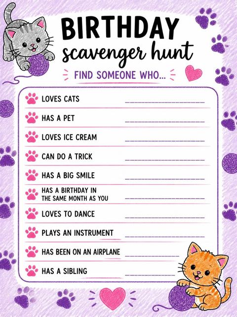 Scavenger hunt in the Sketch Kitten Pink Numeral 1st Birthday design