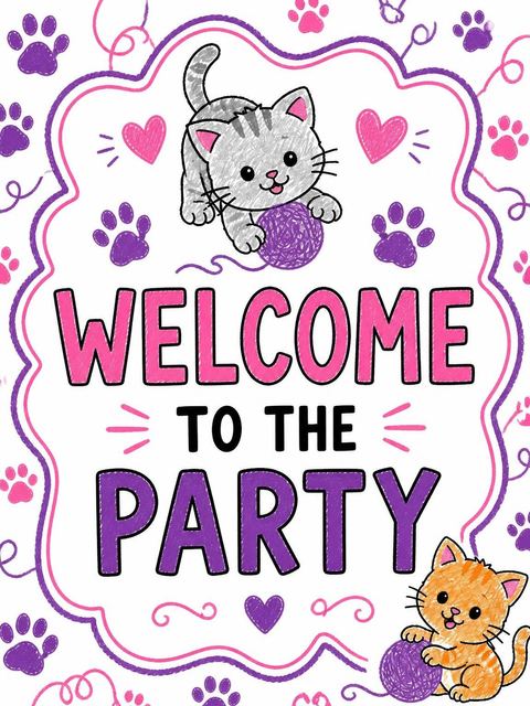 Welcome sign in the Sketch Kitten Pink Numeral 1st Birthday design