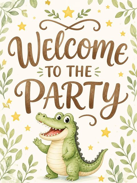 Welcome sign in the Watercolor Crocodile Balloon 3rd Birthday design