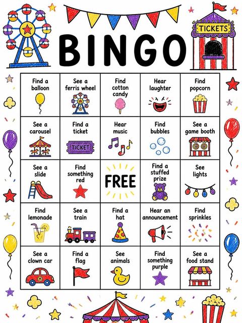 Bingo grid in the Crayon Art Carnival 3rd Birthday design