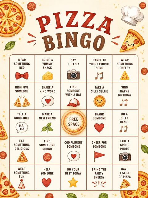 Bingo grid in the Pepperoni Pizza Shaped 5th Birthday design