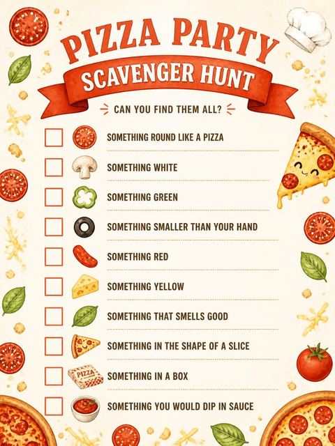 Scavenger hunt in the Pepperoni Pizza Shaped 5th Birthday design
