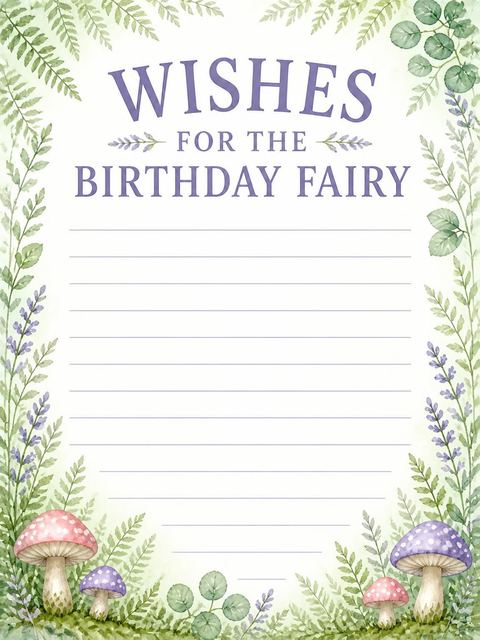 Wishes page in the Watercolor Fairy Forest 3rd Birthday design