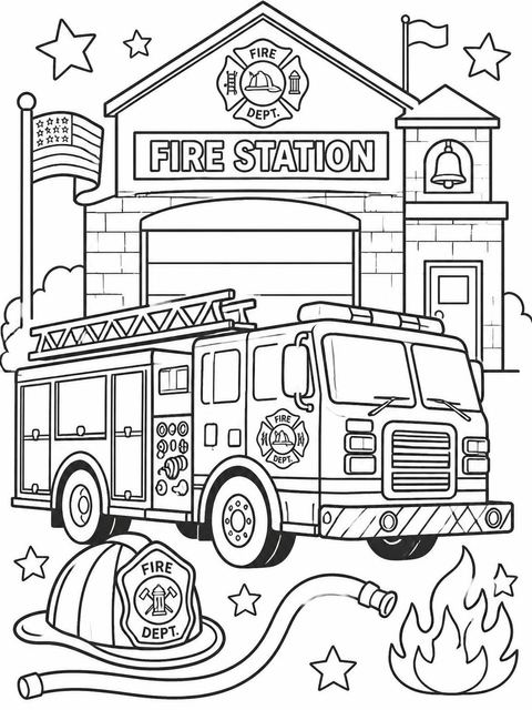 Coloring sheet in the 3D Fire Truck 6th Birthday Invitation design