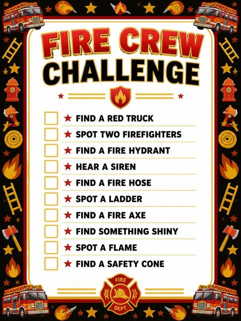 Scavenger hunt in the 3D Fire Truck 6th Birthday Invitation design