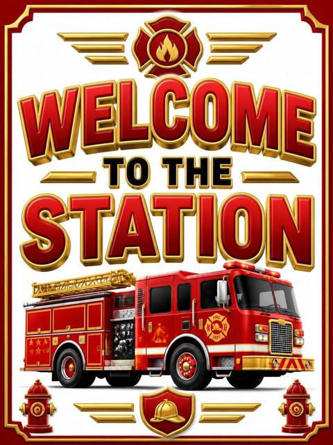 Welcome sign in the 3D Fire Truck 6th Birthday Invitation design