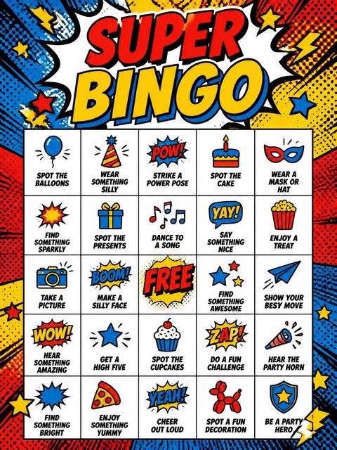 Bingo grid in the Primary Color Pop-Art 5th Birthday design