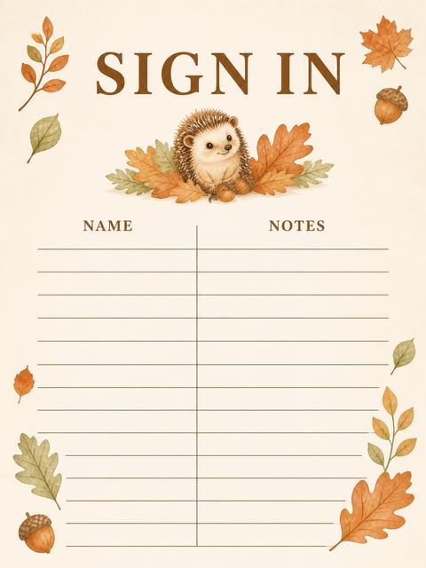 Guest sign-in sheet in the Watercolor Hedgehog Autumn 1st Birthday design