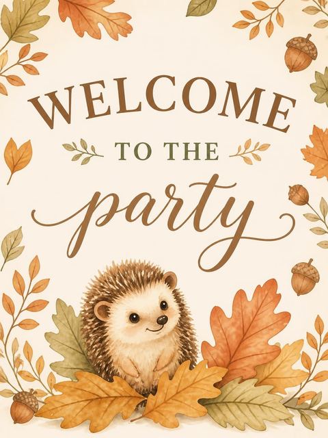 Welcome sign in the Watercolor Hedgehog Autumn 1st Birthday design