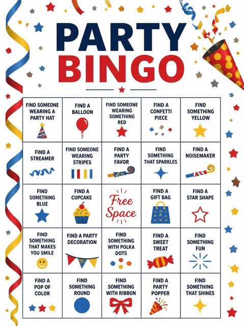 Bingo grid in the Primary Color Confetti 7th Birthday Invitation design