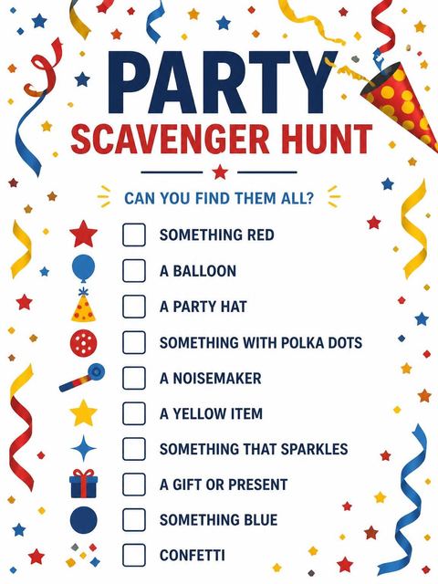 Scavenger hunt in the Primary Color Confetti 7th Birthday Invitation design