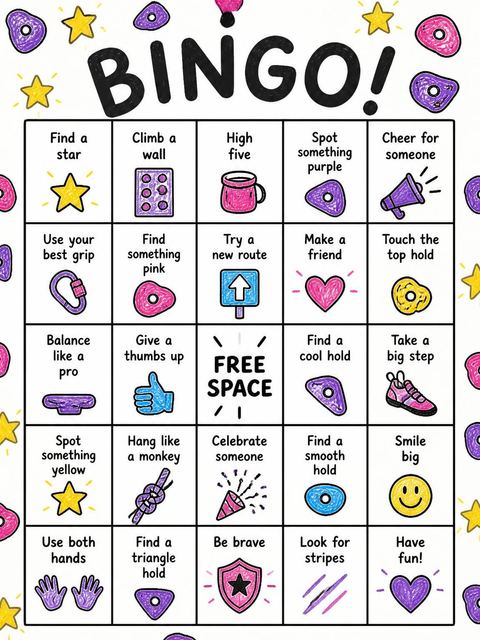 Bingo grid in the Crayon Drawing Rock Climbing 4th Birthday design