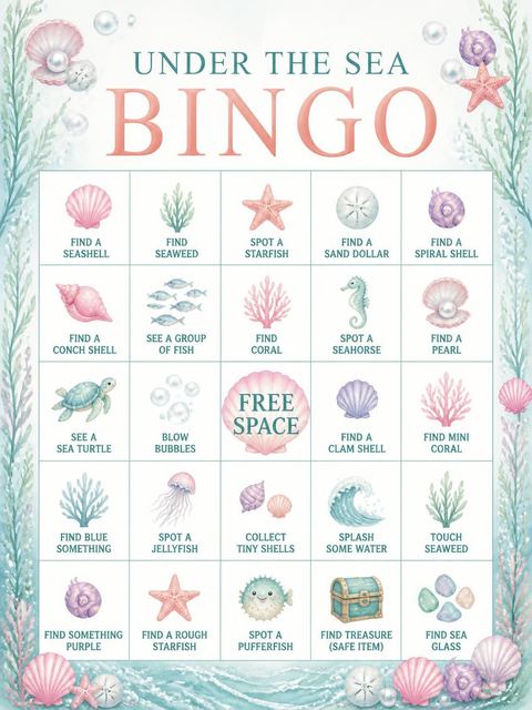 Bingo grid in the Pastel Watercolor Mermaid 6th Birthday Invitation design