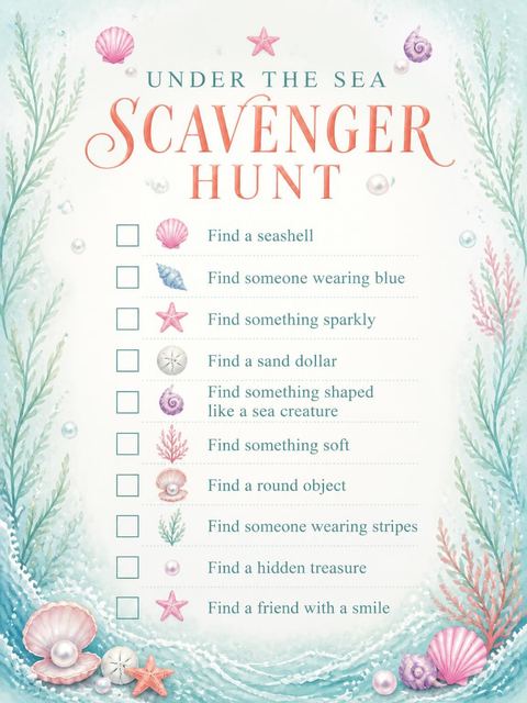 Scavenger hunt in the Pastel Watercolor Mermaid 6th Birthday Invitation design