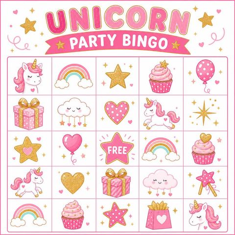 Bingo grid in the Dreamy Pastel Unicorn Birthday Celebration design
