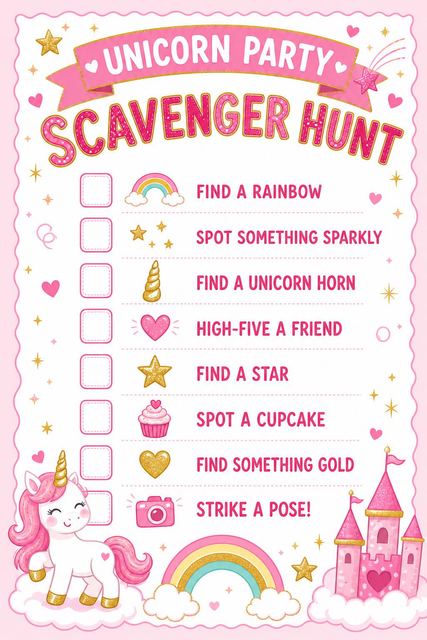 Scavenger hunt in the Dreamy Pastel Unicorn Birthday Celebration design