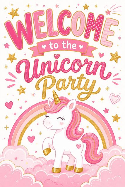 Welcome sign in the Dreamy Pastel Unicorn Birthday Celebration design