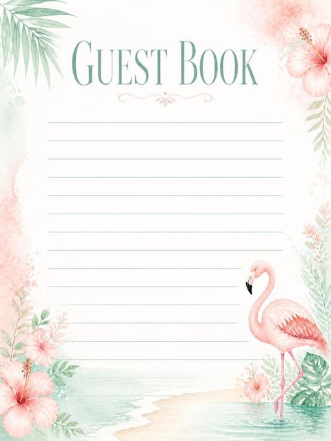 Guest sign-in sheet in the Watercolor Flamingo Tropical Beach Party design