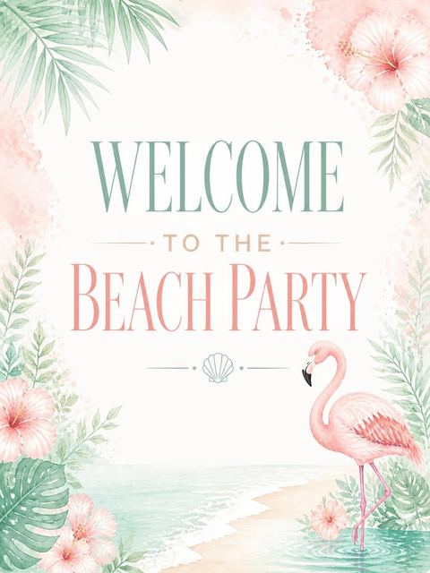Welcome sign in the Watercolor Flamingo Tropical Beach Party design