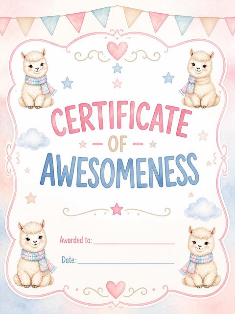 Certificate of awesomeness in the Pastel Watercolor Alpaca 2nd Birthday design