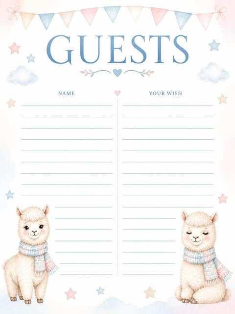 Guest sign-in sheet in the Pastel Watercolor Alpaca 2nd Birthday design