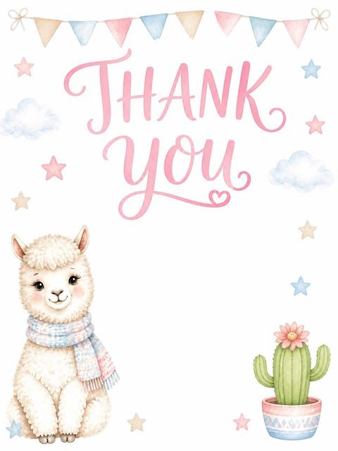 Thank-you flat in the Pastel Watercolor Alpaca 2nd Birthday design