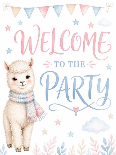 Welcome sign in the Pastel Watercolor Alpaca 2nd Birthday design