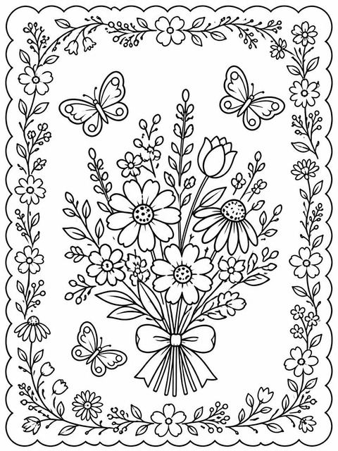 Coloring sheet in the Watercolor Wildflower Scalloped 1st Birthday design