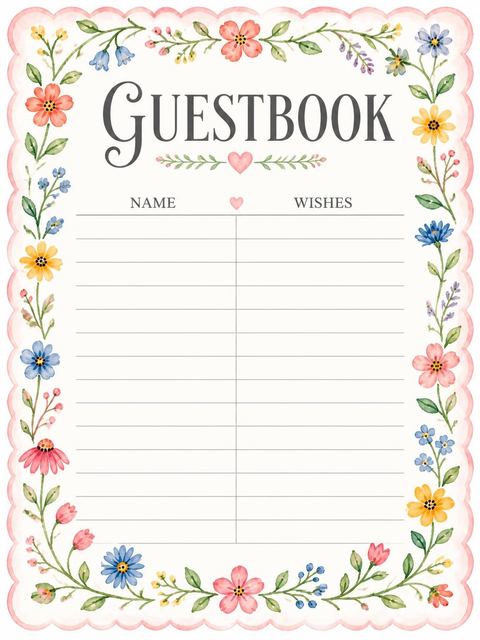 Guest sign-in sheet in the Watercolor Wildflower Scalloped 1st Birthday design