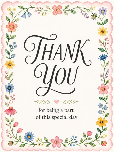 Thank-you flat in the Watercolor Wildflower Scalloped 1st Birthday design