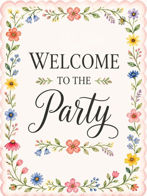 Welcome sign in the Watercolor Wildflower Scalloped 1st Birthday design