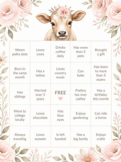 Bingo grid in the Holy Cow Fluffy Birthday design