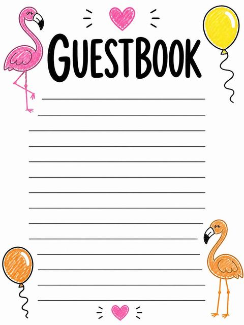 Guest sign-in sheet in the Crayon Flamingo Balloon 1st Birthday design