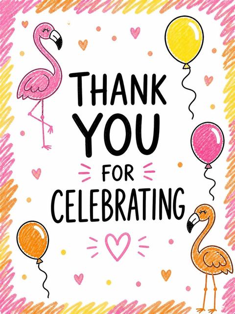 Thank-you flat in the Crayon Flamingo Balloon 1st Birthday design