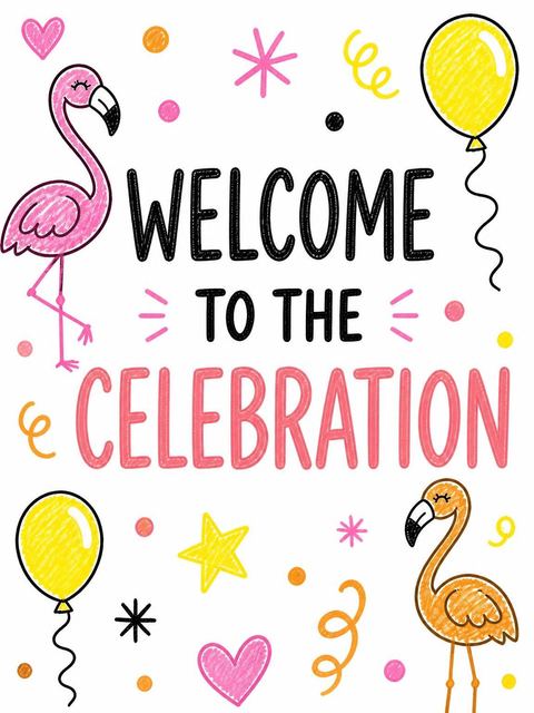 Welcome sign in the Crayon Flamingo Balloon 1st Birthday design