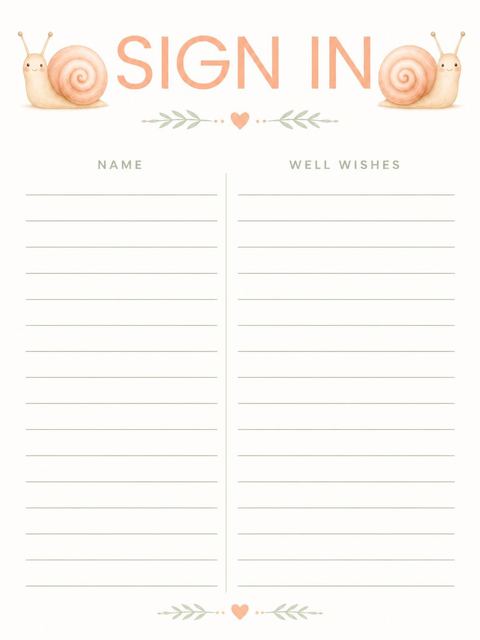 Guest sign-in sheet in the Peach Watercolor Snail 3rd Birthday Invite design