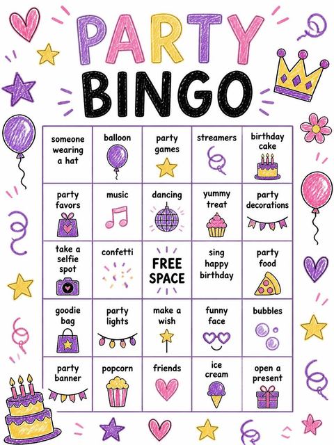 Bingo grid in the Purple Yellow Crayon 5th Birthday design