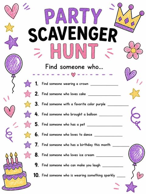 Scavenger hunt in the Purple Yellow Crayon 5th Birthday design