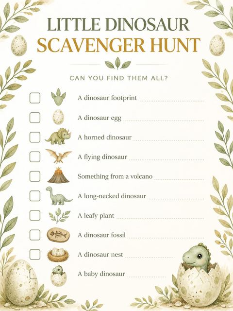 Scavenger hunt in the Watercolor Dino Hatching 1st Birthday design