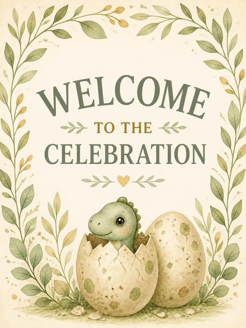 Welcome sign in the Watercolor Dino Hatching 1st Birthday design